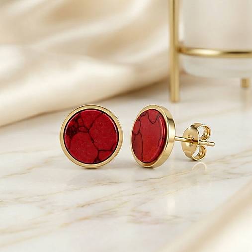 Steel Red Howlite Stud Earrings / Náušnice syntetický howlit, oceľ E015