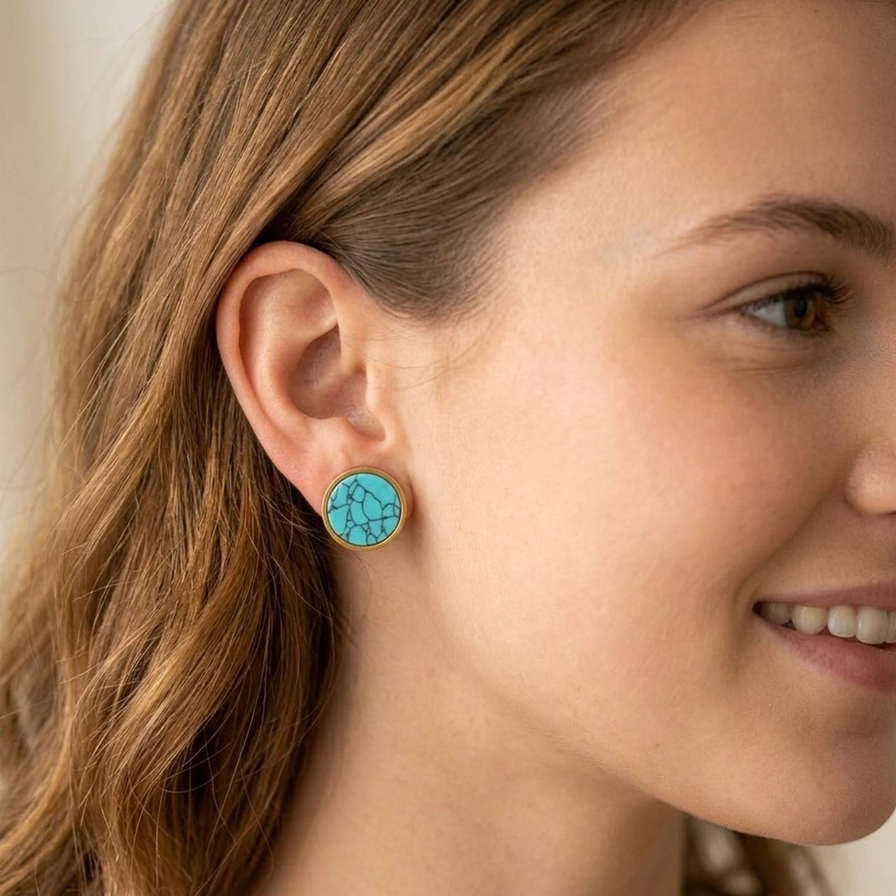 Steel Tyrkenite Stud Earrings / Náušnice syntetický tyrkenit, oceľ E015