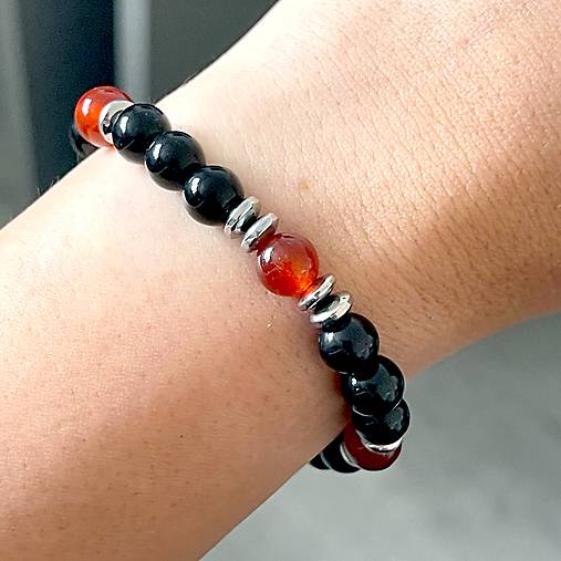 Carnelian and Black Agate Bracelet / Náramok karneol, achát, E034