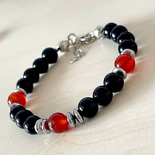 Carnelian and Black Agate Bracelet / Náramok karneol, achát, E034