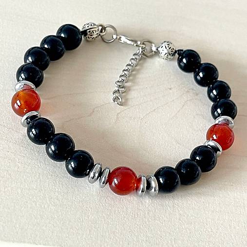 Carnelian and Black Agate Bracelet / Náramok karneol, achát, E034