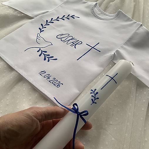 Krstná košieľka a svieca na krst ručne maľovaná s holubicou a halúzkami