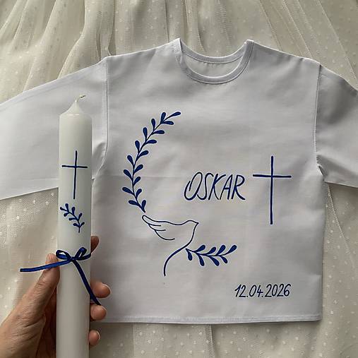 Krstná košieľka a svieca na krst ručne maľovaná s holubicou a halúzkami