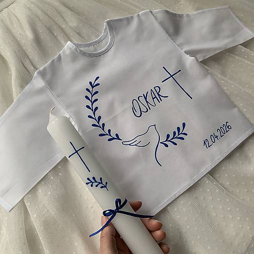 Krstná košieľka a svieca na krst ručne maľovaná s holubicou a halúzkami