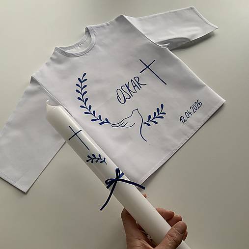 Krstná košieľka a svieca na krst ručne maľovaná s holubicou a halúzkami