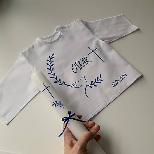 Krstná košieľka a svieca na krst ručne maľovaná s holubicou a halúzkami