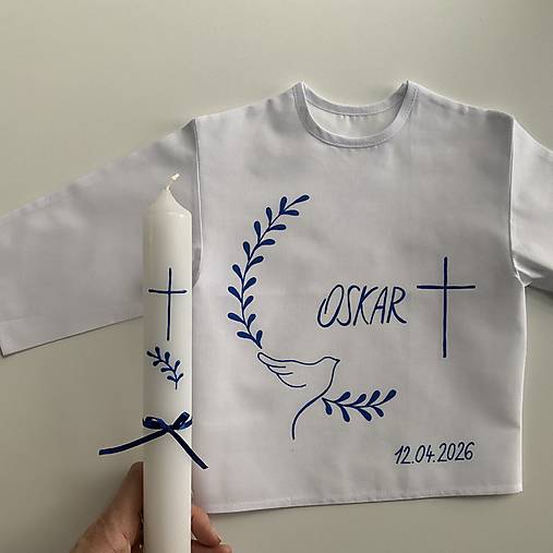 Krstná košieľka a svieca na krst ručne maľovaná s holubicou a halúzkami