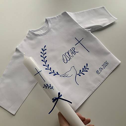 Krstná košieľka a svieca na krst ručne maľovaná s holubicou a halúzkami