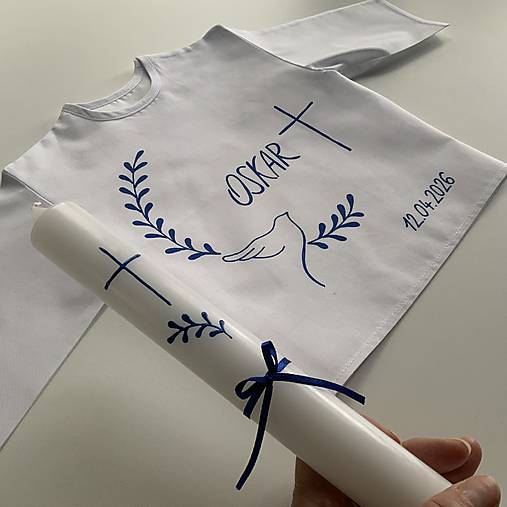 Krstná košieľka a svieca na krst ručne maľovaná s holubicou a halúzkami