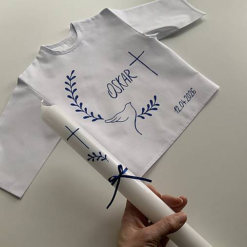 Krstná košieľka a svieca na krst ručne maľovaná s holubicou a halúzkami