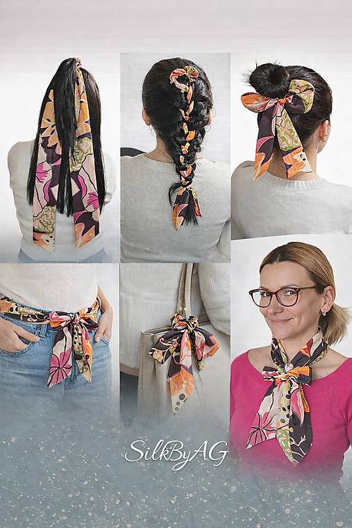 Hodvábna gumička so šatkou – multifunkčný doplnok z pravého hodvábu SilkByAG (Sivá s potlačou)