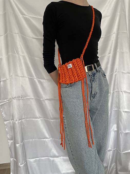 Taštičky - Malá háčkovaná kabelka so šnúrkami (Oranžová) - 18280820_