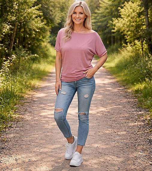 Topy, tričká, tielka - Tričko s širokým lodičkovým výstřihem - starorůžová barva (viskóza) - 18283780_