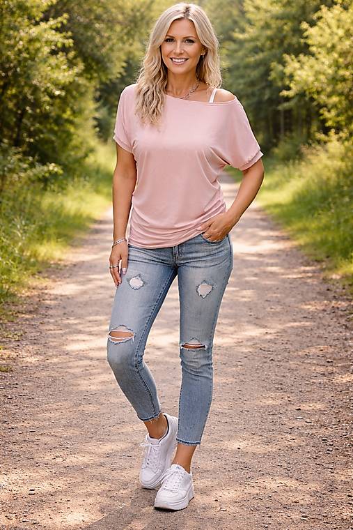 Topy, tričká, tielka - Tričko s širokým lodičkovým výstřihem - pudrová barva (viskóza) - 18283789_