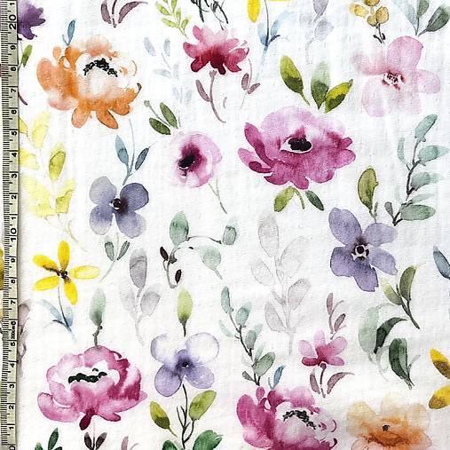 akvarelové kvety, 100 % bavlnený mušelín EÚ