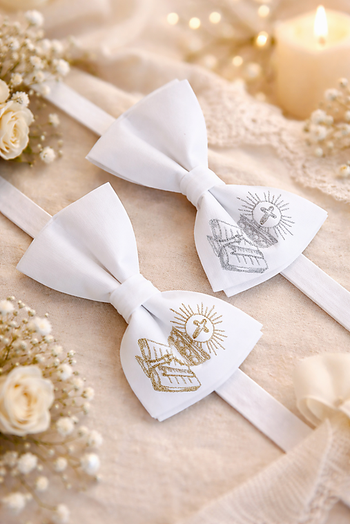 Pánske doplnky - Detský motýlik na prvé sväté prijímanie - zlatý strieborný - kniha - vyšívaný - 18286534_