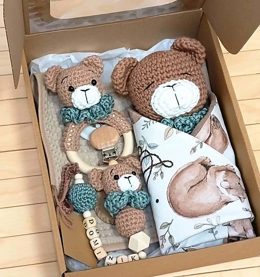 Hračky - Háčkovaný set Macko / Baby box - 18293852_