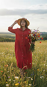 Šaty - Ľanové košeľové šaty košeľové – červené - 18294505_