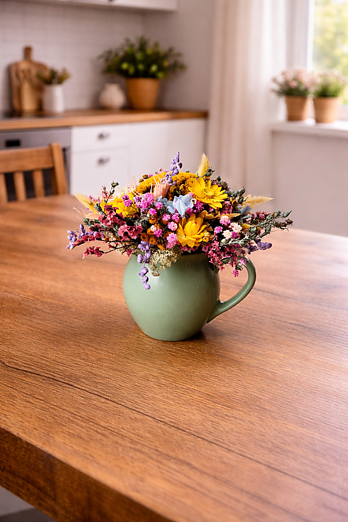 keramický hrnček plný pastelových sušených kvetov