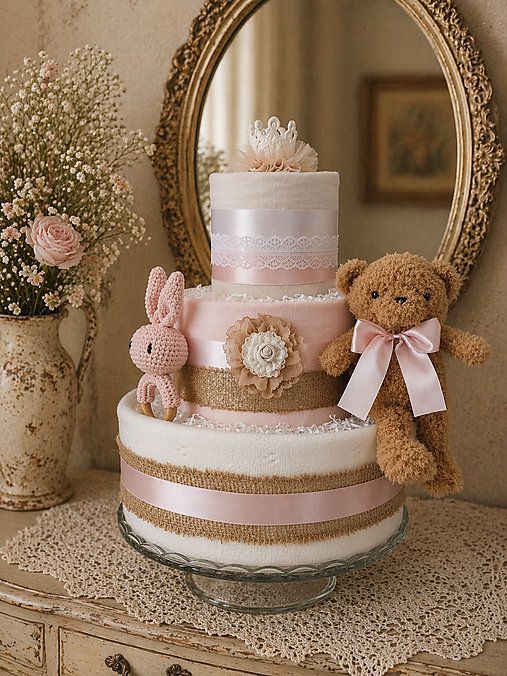 Detské doplnky - Luxusná plienková torta „Little Princess Romance“ s dečkou, medvedíkom a korunkou - 18294580_