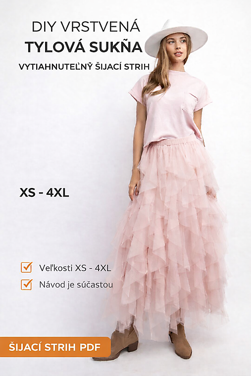 Návody a literatúra - PDF Strih: DIY Vrstvená tylová sukňa s volánmi (XS – 4XL) - 18294417_
