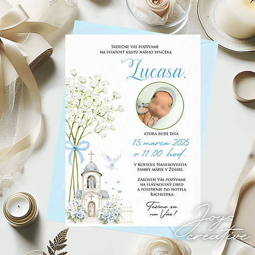 Krstinová pozvánka s fotkou a gypsou modrá