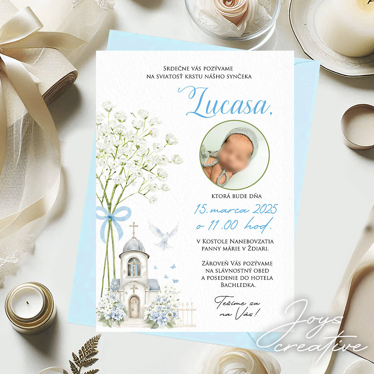 Krstinová pozvánka s fotkou a gypsou modrá