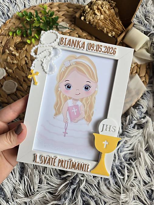 Rámiky - Personalizovaný fotorámik na prvé sväté prijímanie | Biely rámik s menom a dátumom - 18305494_