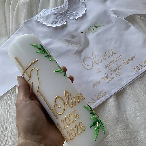 Krstná košieľka a svieca na krst maľovaná  s holubicou