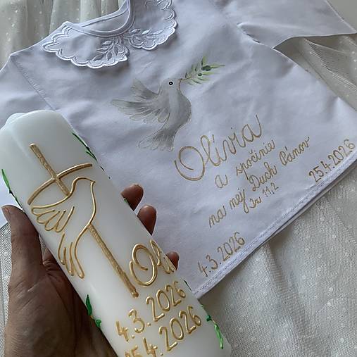 Krstná košieľka a svieca na krst maľovaná  s holubicou