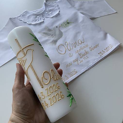 Krstná košieľka a svieca na krst maľovaná  s holubicou