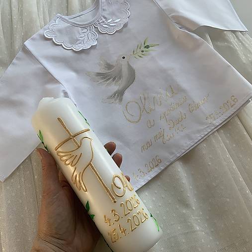 Krstná košieľka a svieca na krst maľovaná  s holubicou