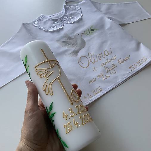 Krstná košieľka a svieca na krst maľovaná  s holubicou