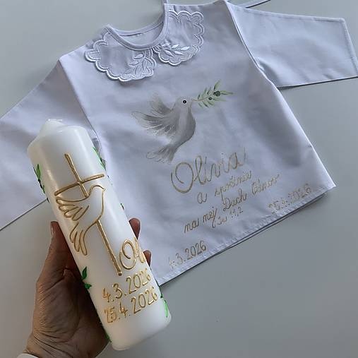 Krstná košieľka a svieca na krst maľovaná  s holubicou
