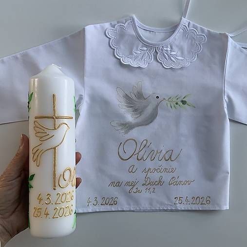 Krstná košieľka a svieca na krst maľovaná  s holubicou