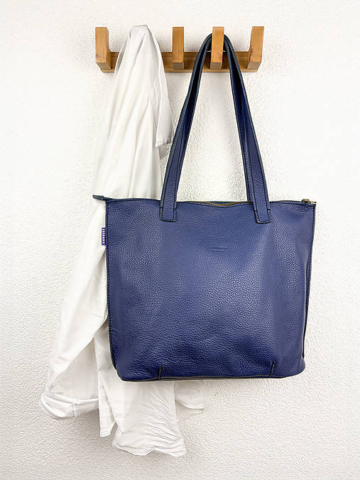 Kabelky - Gaia I. - kožená tote bag kabelka na zips (Modrá grain) - 18325186_