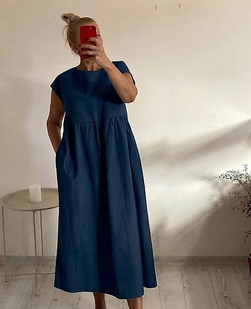 Šaty - Letné FOLK  ľanové šaty na každý deň /NAVY BLUE/ - 18330354_