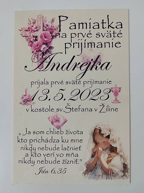 Tabuľky - Pamätná tabuľka PRE DIEVČATÁ na prvé sväté prijímanie – personalizovaná (20×30 cm) - 18332854_