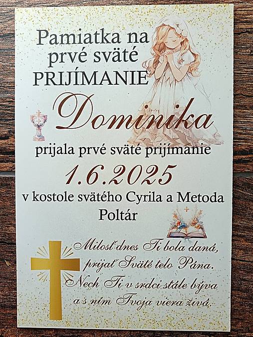 Tabuľky - Pamätná tabuľka PRE DIEVČATÁ na prvé sväté prijímanie – personalizovaná (20×30 cm) - 18332860_