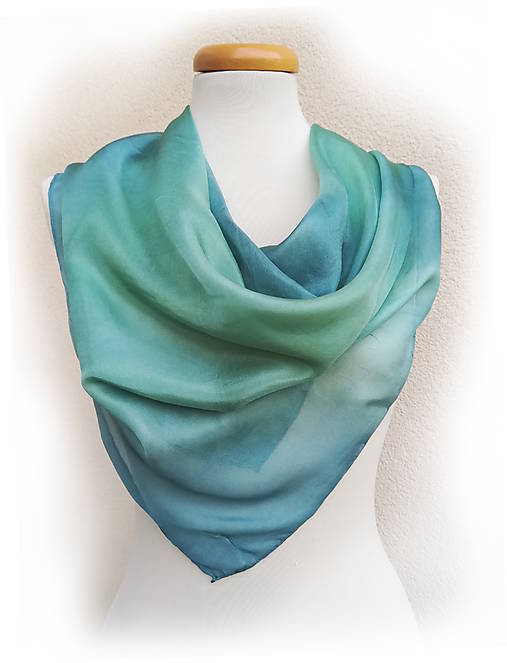 Šatky -  "blue+green"  hodvábná šatka  90x90 cm skladom - 18337656_