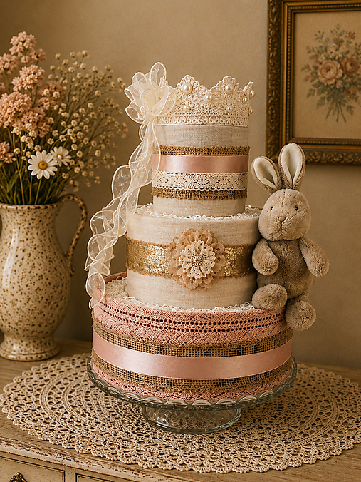 Detské doplnky - Luxusná plienková torta pre dievčatko | Princeznovská vintage torta so zajačikom | Baby shower darček - 18338785_