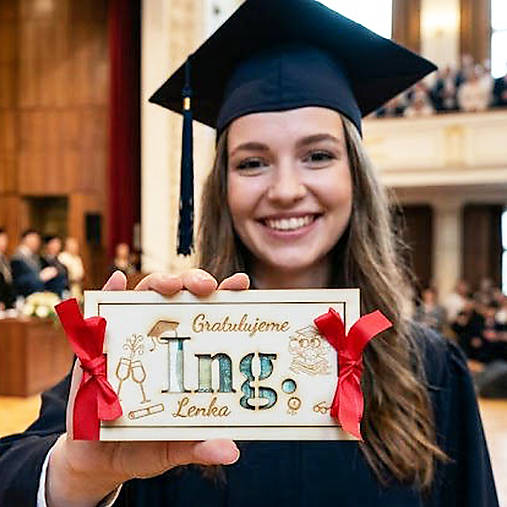Drevená obálka k promóciám Bc. Ing. Mgr. PhD.