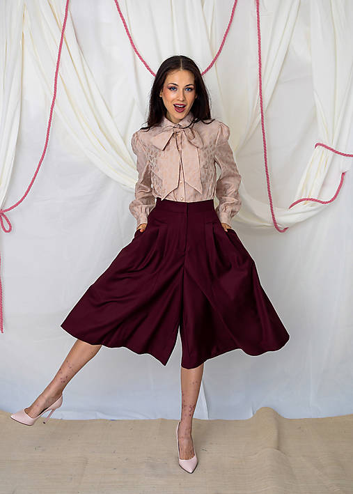 Burgundy tencelové culottes so záhybmi
