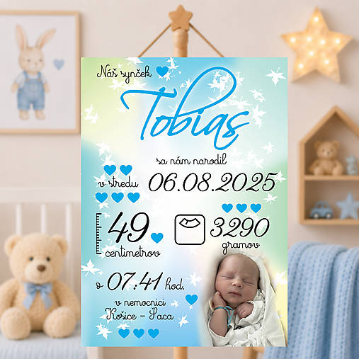 Tabuľka pre bábätko s údajmi o narodení, farebná