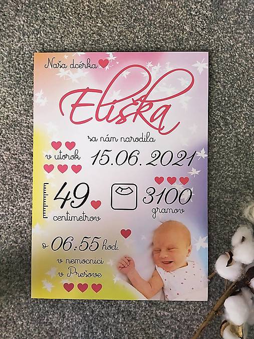 Tabuľka pre bábätko s údajmi o narodení, farebná pre dievčatko