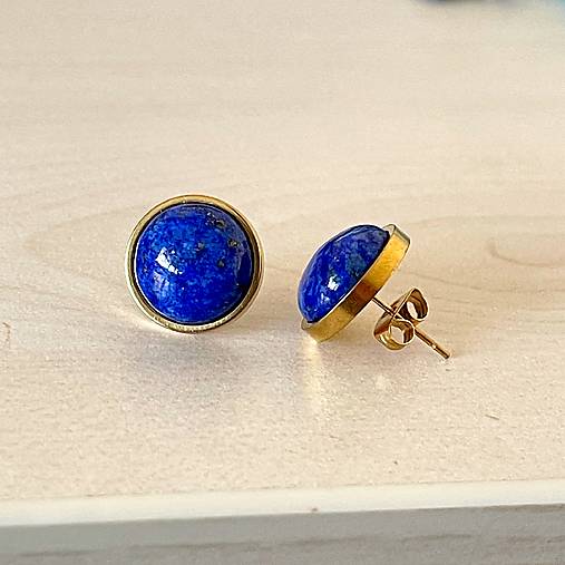 Steel Gold Lapis Lazuli Stud Earrings / Náušnice lazurit, oceľ E015