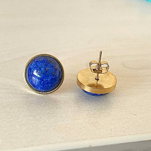 Steel Gold Lapis Lazuli Stud Earrings / Náušnice lazurit, oceľ E015