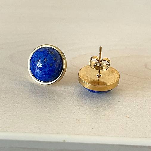 Steel Gold Lapis Lazuli Stud Earrings / Náušnice lazurit, oceľ E015