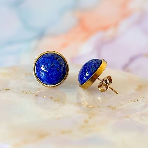 Steel Gold Lapis Lazuli Stud Earrings / Náušnice lazurit, oceľ E015