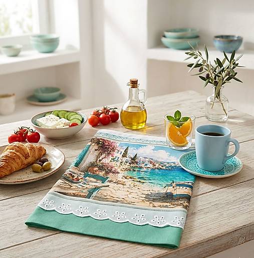 Bavlnená kuchynská utierka 70 × 50 cm – Grécko, tyrkysové more | Mediteránska kolekcia